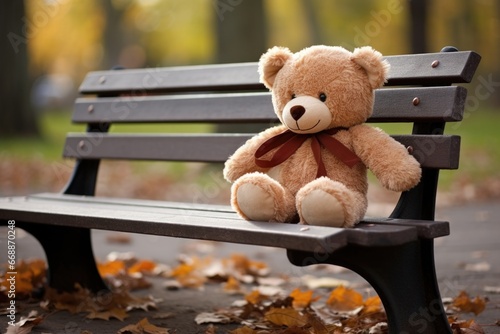 a teddy bear sitting alone on a park bench