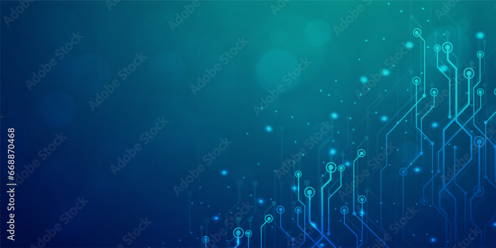 Digital technology banner blue green background concept, cyber technology light effect, abstract tech, innovation future data, internet network, Ai big data, lines dots connection, illustration vector - obrazy, fototapety, plakaty 