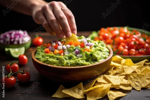 hand scooping guacamole onto a crisp nacho