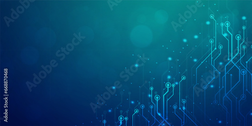 Digital technology banner blue green background concept, cyber technology light effect, abstract tech, innovation future data, internet network, Ai big data, lines dots connection, illustration vector photo