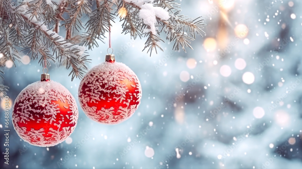 Christmas and New Year background with fir tree branches covered with snow and balls. Christmas and New Year background with fir tree branches covered with snow and balls.
