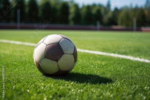 inflated football resting on the green turf of a soccer field