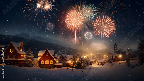 Fireworks display above a cozy snow covered mountain village, new year's eve celebration