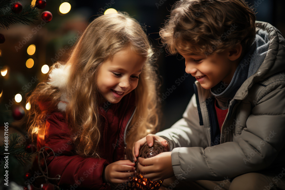 Children decorating christmas tree. Generative Ai.