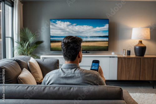 Man sitting on a couch watching television holding a cell phone in their hand and a television on the wall,  