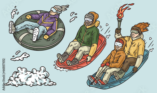 Persons sledding down snowy hill. Winter sport , sled activity, outdoor joy and fun, and seasonal excitement. Man holds a torch in his hand as symbol of a tournament or competition. Snow tubing