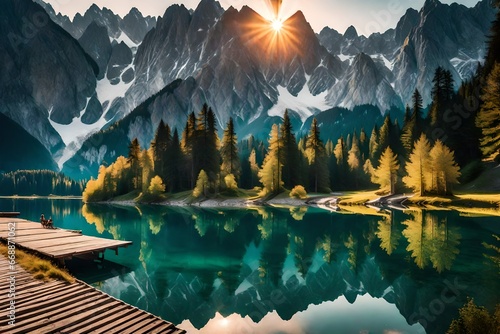 Calm morning view of Fusine lake. Colorful summer sunrise in Julian Alps with Mangart peak on background, Province of Udine, Italy, Europe. Beauty of nature concept 