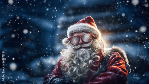 Cool Cool Santa Claus in the snowstorm. Modern Santa in sunglasses. © Igor