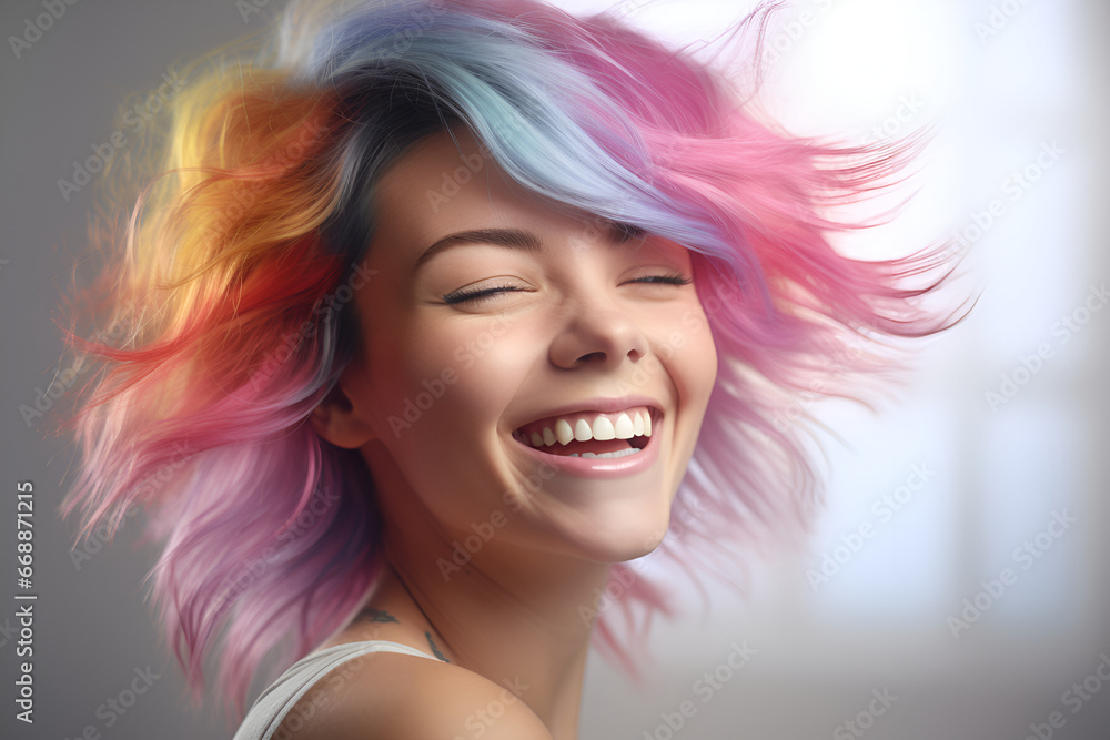 a cute girl with loose multicolored rainbow hair. a young smiling happy woman. a cute girl with loose multicolored rainbow hair. a young smiling happy woman.