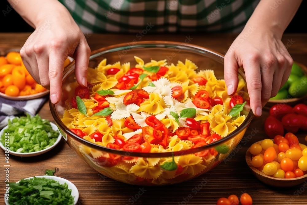 hand adding bell peppers to colorful pasta salad