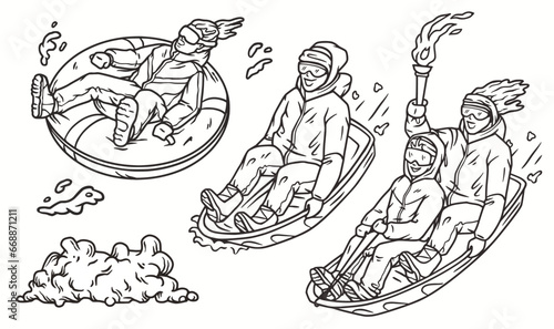Persons sledding down snowy hill. Winter sport , sled activity, outdoor joy and fun, and seasonal excitement. Man holds a torch in his hand as symbol of a tournament or competition. Snow tubing