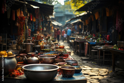 A vibrant street market with colorful stalls, showcasing the diversity of small businesses and local entrepreneurship. Generative Ai. photo