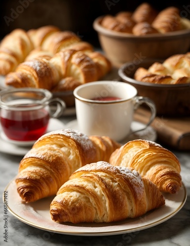 croissant break breakfast with tea