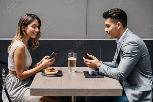 A man and woman sitting at a table with a phone in front of them copy