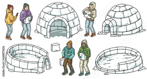 Persons building igloo in winter as team, engaging in seasonal activity. Creative construction of ice shelter with company of people, embracing cold season