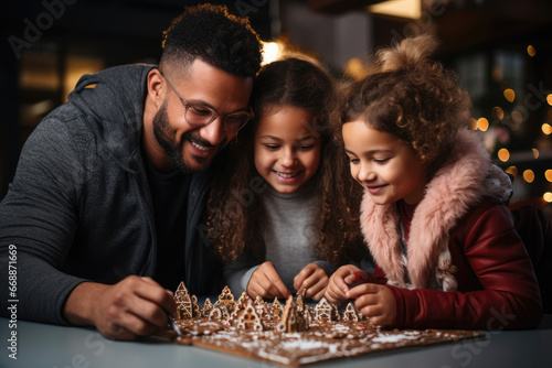 A family in the United States decorating a gingerbread house  a beloved holiday activity in American culture. Generative Ai.