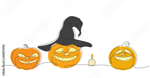 Vector colored Halloween set of stylized pumpkins in one line