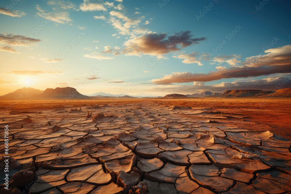 A cracked and parched desert landscape, exemplifying the severe droughts and water scarcity caused by global warming. Concept of desertification and climate change. Generative Ai. - obrazy, fototapety, plakaty 