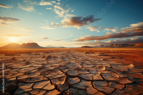 A cracked and parched desert landscape, exemplifying the severe droughts and water scarcity caused by global warming. Concept of desertification and climate change. Generative Ai.