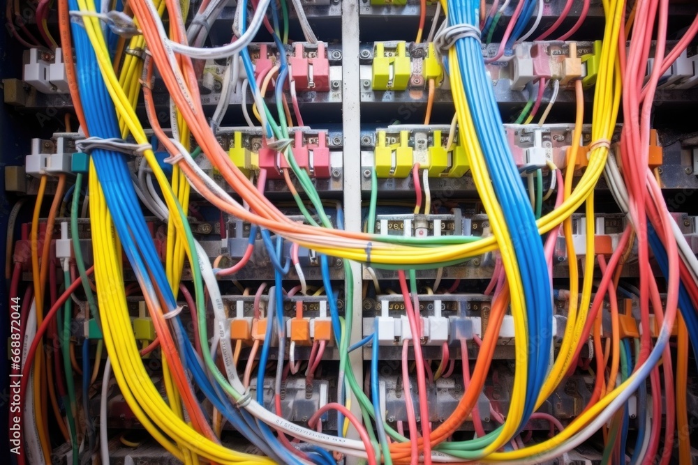 a junction box filled with multi-colored wires for tv production a junction box filled with multi-colored wires for tv production