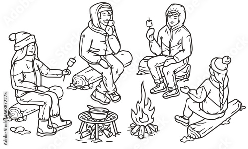 Group of people gathered around a winter campfire, preparing and enjoying fondue. Cozy winter evening with friends and melted cheese and marshmallow