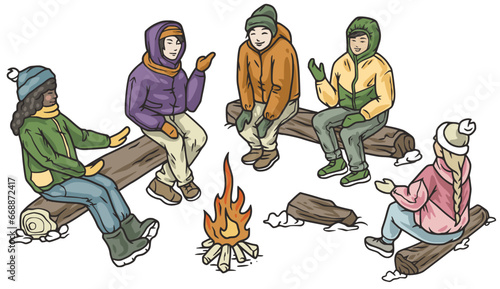 Persons sitting around winter campfire, engaged in conversation, season recreation for group of people. Warm and inviting scene of winter social interaction by the fire