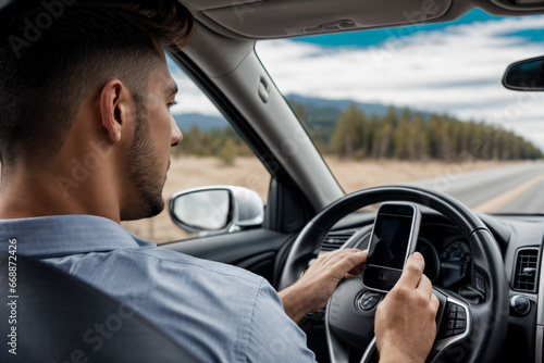 Man driving a car, the man holds a cell phone in his hand