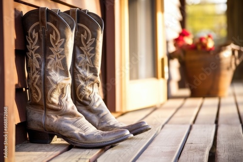 close-up of cowboy boots on saloon porch photo