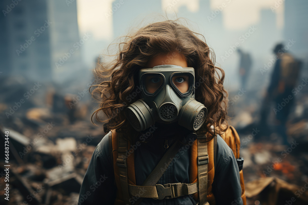 A child wearing a face mask in a heavily polluted city, drawing attention to the link between air pollution, respiratory health, and climate change. Generative Ai. A child wearing a face mask in a heavily polluted city, drawing attention to the link between air pollution, respiratory health, and climate change. Generative Ai.