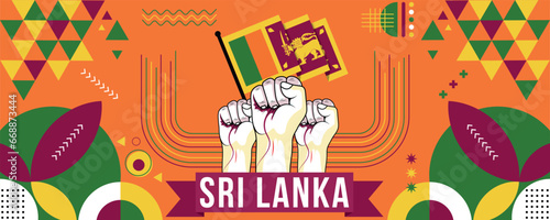 Sri Lanka national or independence day banner design for country celebration. Flag of Sri Lanka with raised fists. Modern retro design with abstract geometric icons. Vector illustration.