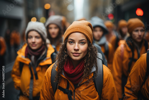 A group of activists marching with climate change protest signs, advocating for action to combat global warming and its consequences. Generative Ai.