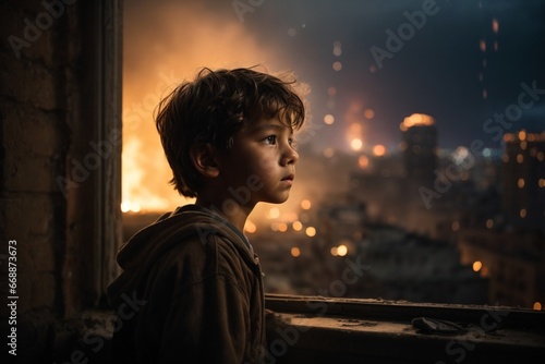 Young Boy Witnessing City Destruction Fear and Chaos. War and destruction photo