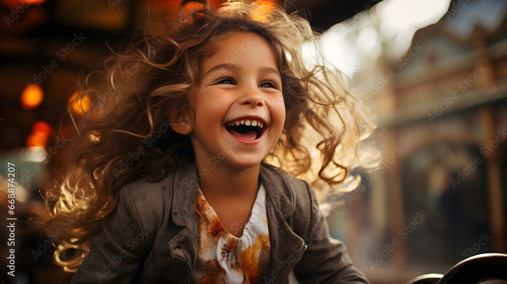  A happy young girl expressing excitement while on a colorful carousel, merry-go-round, having fun at an amusement park