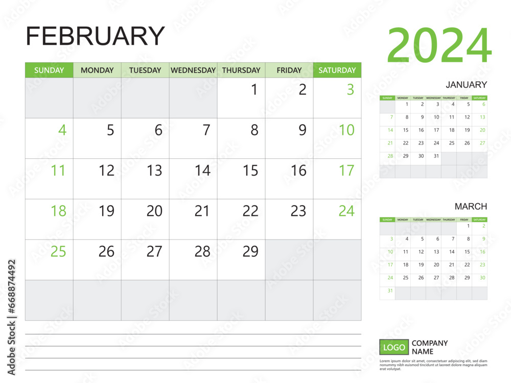 February 2024 year, Calendar planner 2024 template, week start on ...