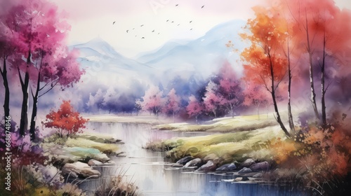 Captivating watercolor painting of a breathtaking natural scene, abundant with dense foliage, flowing rivers, vibrant hues, during the morning and evening, when the sun radiates, suitable for wall art