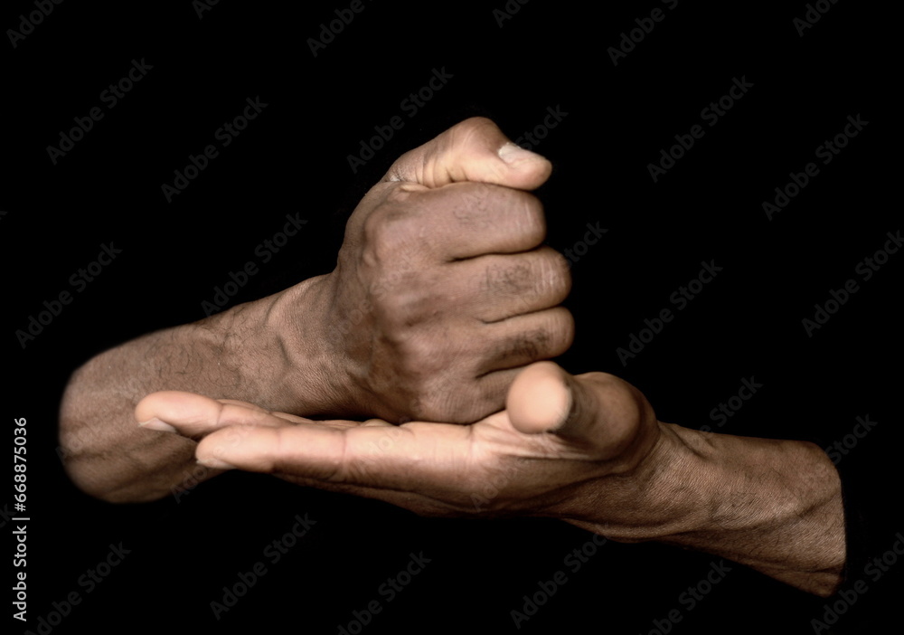 sign language with hand gestures  speaking body language with people on black background stock image stock photo - obrazy, fototapety, plakaty 