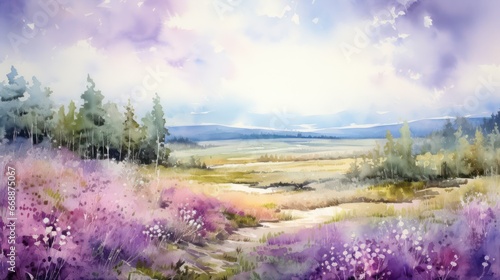 Fototapeta Naklejka Na Ścianę i Meble -  Enchanting watercolor portrayal of a beautiful natural landscape, teeming with lush trees, flowing rivers, vivid colors, during both morning and evening, when the sun illuminates.