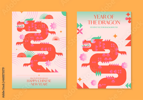 Year of the dragon 2024.Chinese New Year greeting poster templates.Festive vector backgrounds in flat modern style with geometric symbols.Holidays designs for branding invitations prints social media