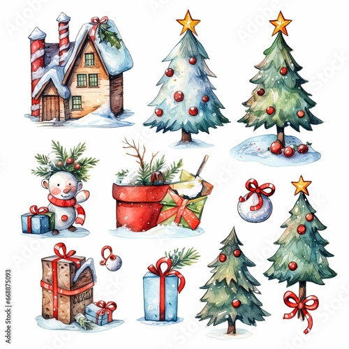 set of christmas tree and gifts on white background