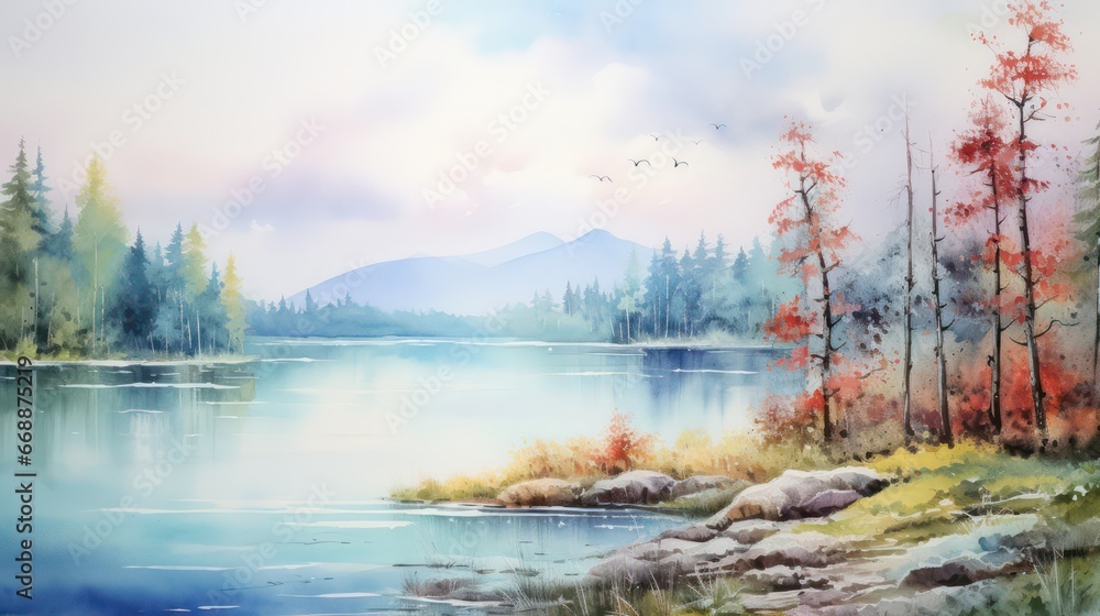 Captivating watercolor depiction of a picturesque natural landscape, with lush foliage, flowing rivers, vibrant hues, during morning and evening when the sun shines.