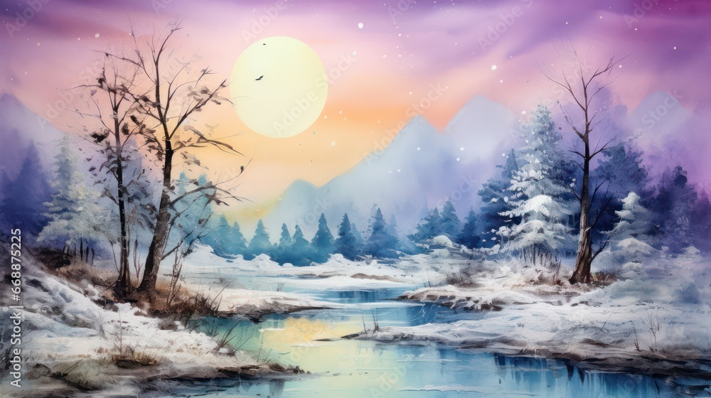 Captivating watercolor depiction of a picturesque natural landscape, with lush foliage, flowing rivers, vibrant hues, during morning and evening when the sun shines.