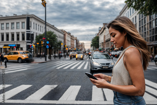 A woman is looking at her cell phone
