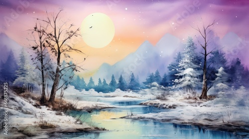 Captivating watercolor depiction of a picturesque natural landscape, with lush foliage, flowing rivers, vibrant hues, during morning and evening when the sun shines. © Matthew
