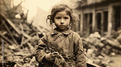 A child against the backdrop of war and destruction. Dramatic illustration. Concept: The terrible consequences of military actions in the world. Poor exhausted children