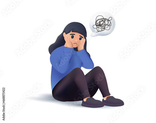 Woman in depression with bewildered thoughts in her mind 3D illustration. Young sad girl sitting and unhappy hugging her knees 3D vector
