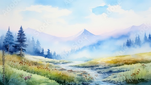 Beautiful watercolor painting of a lush natural landscape, filled with dense trees, flowing rivers, vibrant colors, in the morning and evening, when the sun is shining.