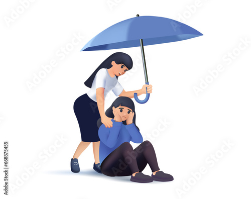 Girl comforts her sad friend over the umbrella 3D illustration. Woman supports female with psychological problems. Online therapy and counselling for people under stress and depression over online