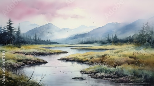 Watercolor portrayal of a breathtaking natural landscape, teeming with lush trees, meandering rivers, lively colors, in the morning and evening, when the sun is shining, perfect for wall art and print