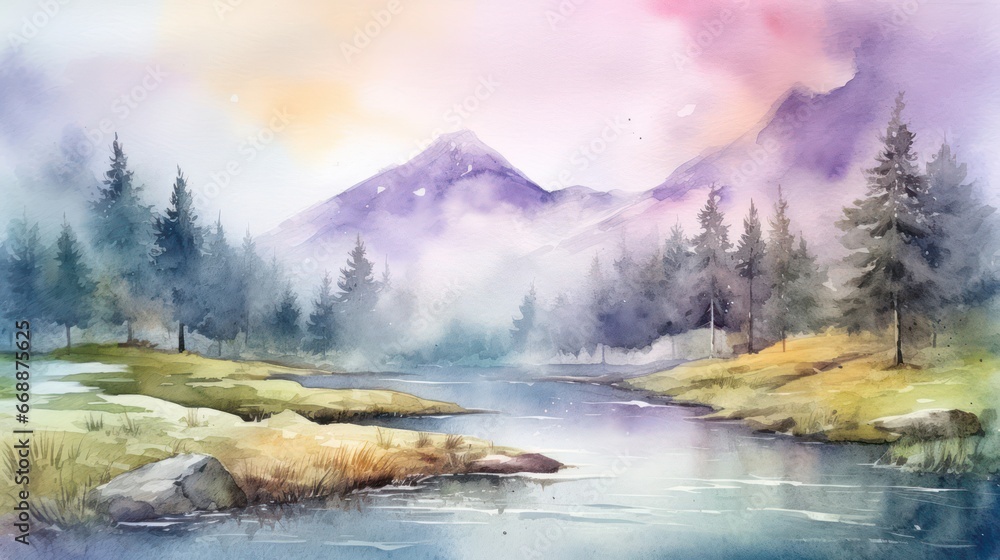 Attractive watercolor depiction of a stunning natural landscape, with abundant greenery, flowing rivers, vibrant colors, during the morning and evening, when the sun shines, suitable for wall art