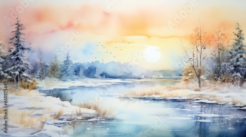 Attractive watercolor depiction of a stunning natural landscape, with abundant greenery, flowing rivers, vibrant colors, during the morning and evening, when the sun shines, suitable for wall art © Matthew